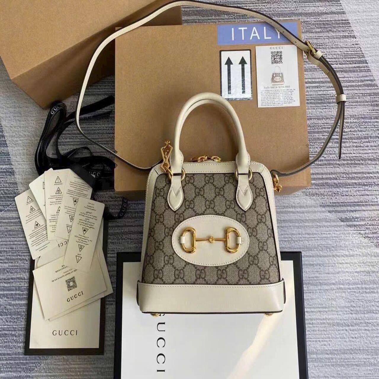 Túi Gucci Horsebit Monogram Beige Brown White 10 Túi Gucci Horsebit Monogram 1955 Beige White