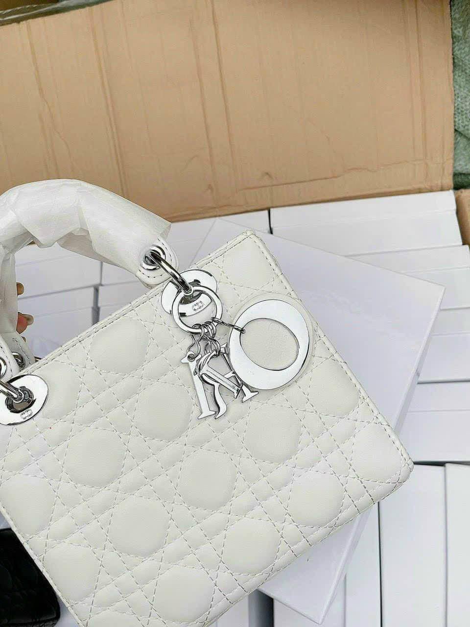 Túi Christian Dior Lady Mini Bag Metallic Leather 5 Túi Small Lady Dior Bag Màu Trắng Latte Cannage White
