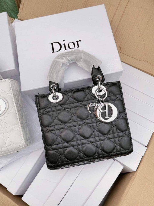 Túi Xách Nữ Christian Dior Lady Mini Bag Metallic Leather Black White Buckle Màu Đen
