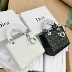 Túi Xách Nữ Dior Lady Size 20 Trắng Đen Logo Bạc