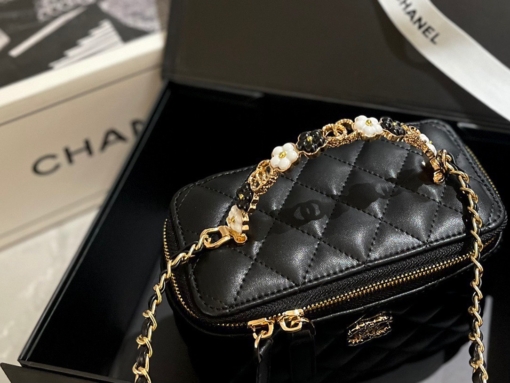 Chanel Mini Vanity Top Handle Case Lambskin Brushed Gold Hardware Đen