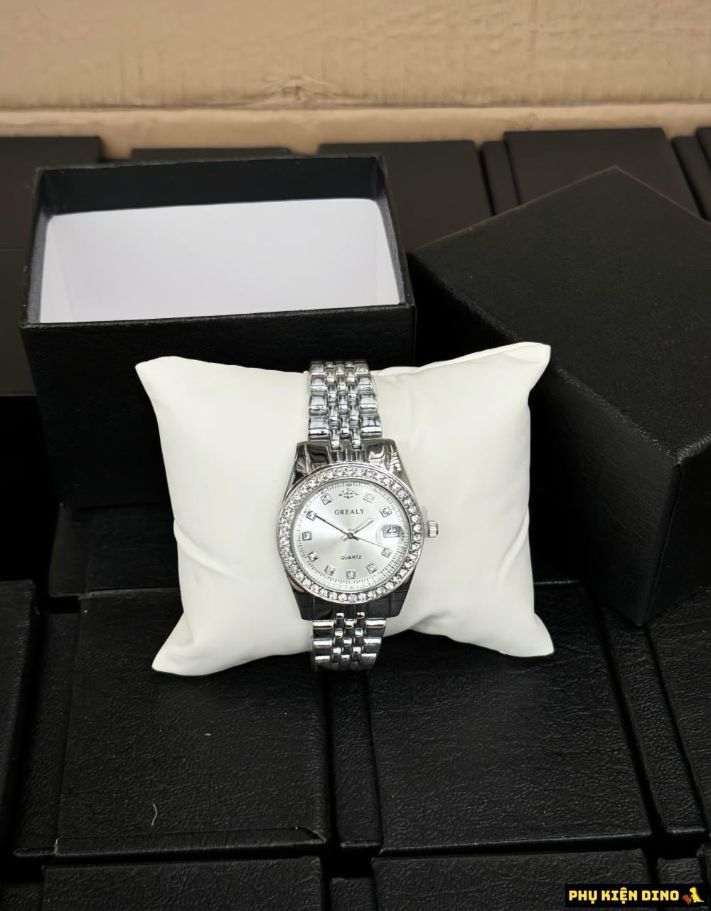 Đồng Hồ Viền Kim Cương Grealy Cao Cấp 6 Đồng Hồ Grealy Màu Bạc Sang Trọng
