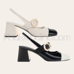 Giày CNK Patent Two Tone Pearl Buckle Slingback Pumps