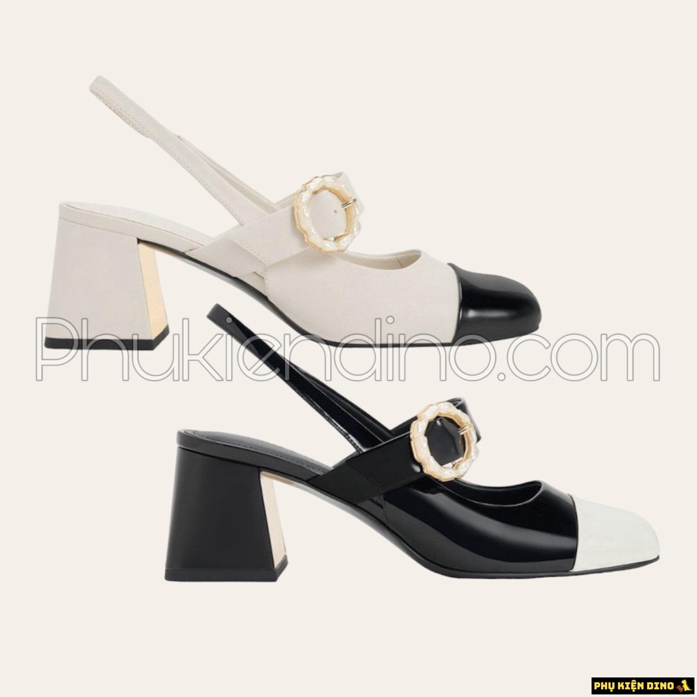 Giày CNK Patent Two Tone Pearl Buckle Slingback Pumps 1 Giày CNK Patent Two Tone Pearl Buckle Slingback Pumps