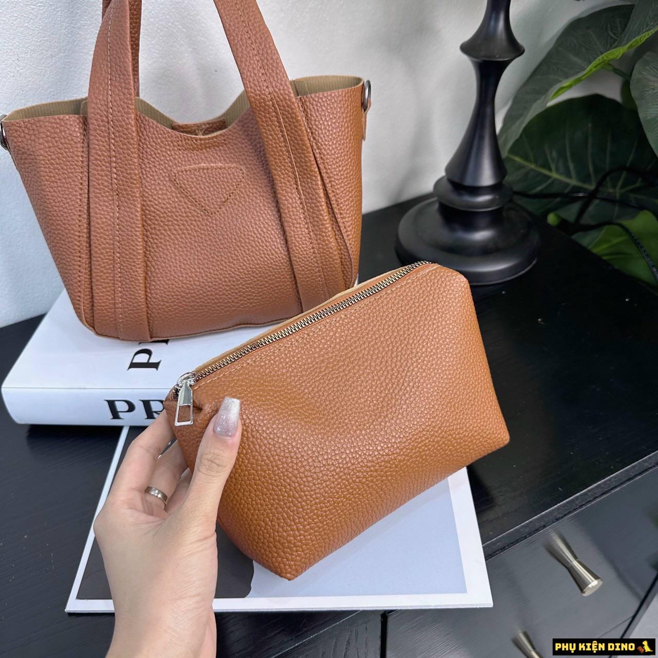 Set Túi Giỏ Xách Mềm Kèm Ví Size 22 Đen Nâu 11 Hình Thật ví da mềm Màu Nâu