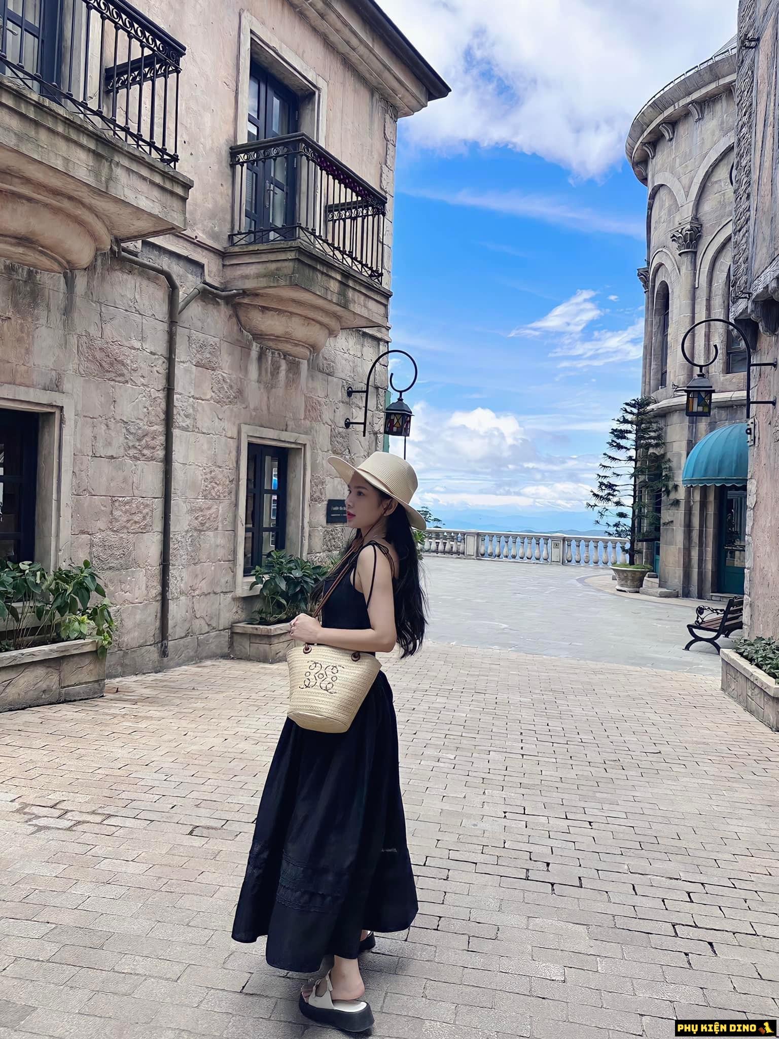 Túi Cói Celine Mini Vintage Nâu Đen Trắng 12 Túi Celine Triomphe Basket Shoulder Bag Raffia with Leather Medium