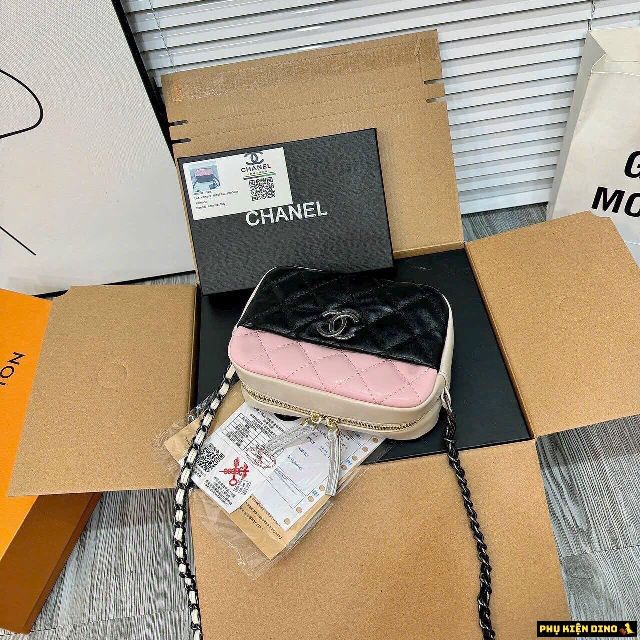 Túi Chanel Mini Camera Case in Shiny Lambskin Hồng Trắng Đen