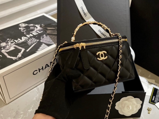 Túi Chanel Mini Vanity Top Handle Case Black Lambskin Brushed Gold Hardware