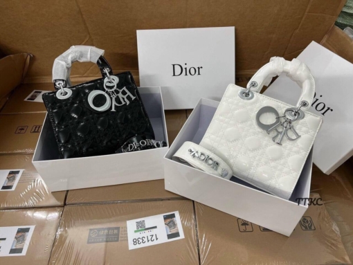 Túi Christian Dior Lady Cannage Calfskin Da Bóng Màu Trắng Đen