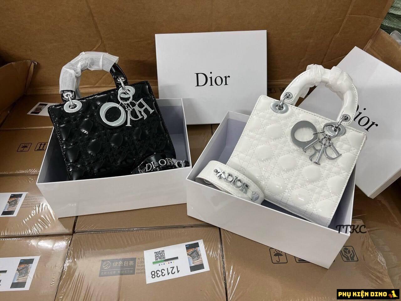 Túi Christian Dior Lady Cannage Calfskin Da Bóng Màu Trắng Đen