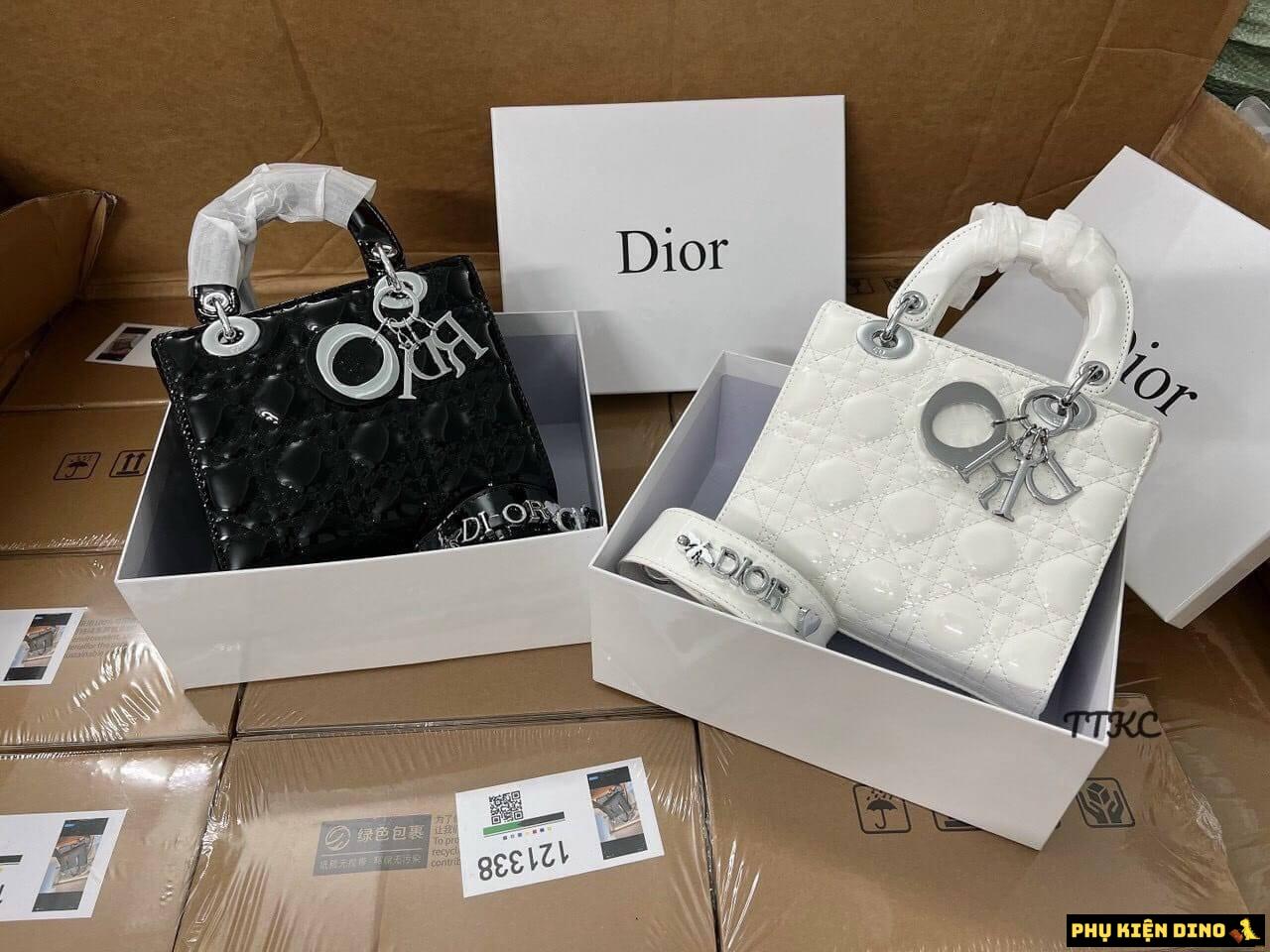 Túi Christian Dior Lady Cannage Calfskin Da Bóng 2 Túi Christian Dior Lady Cannage Calfskin Da Bóng Màu Trắng Đen