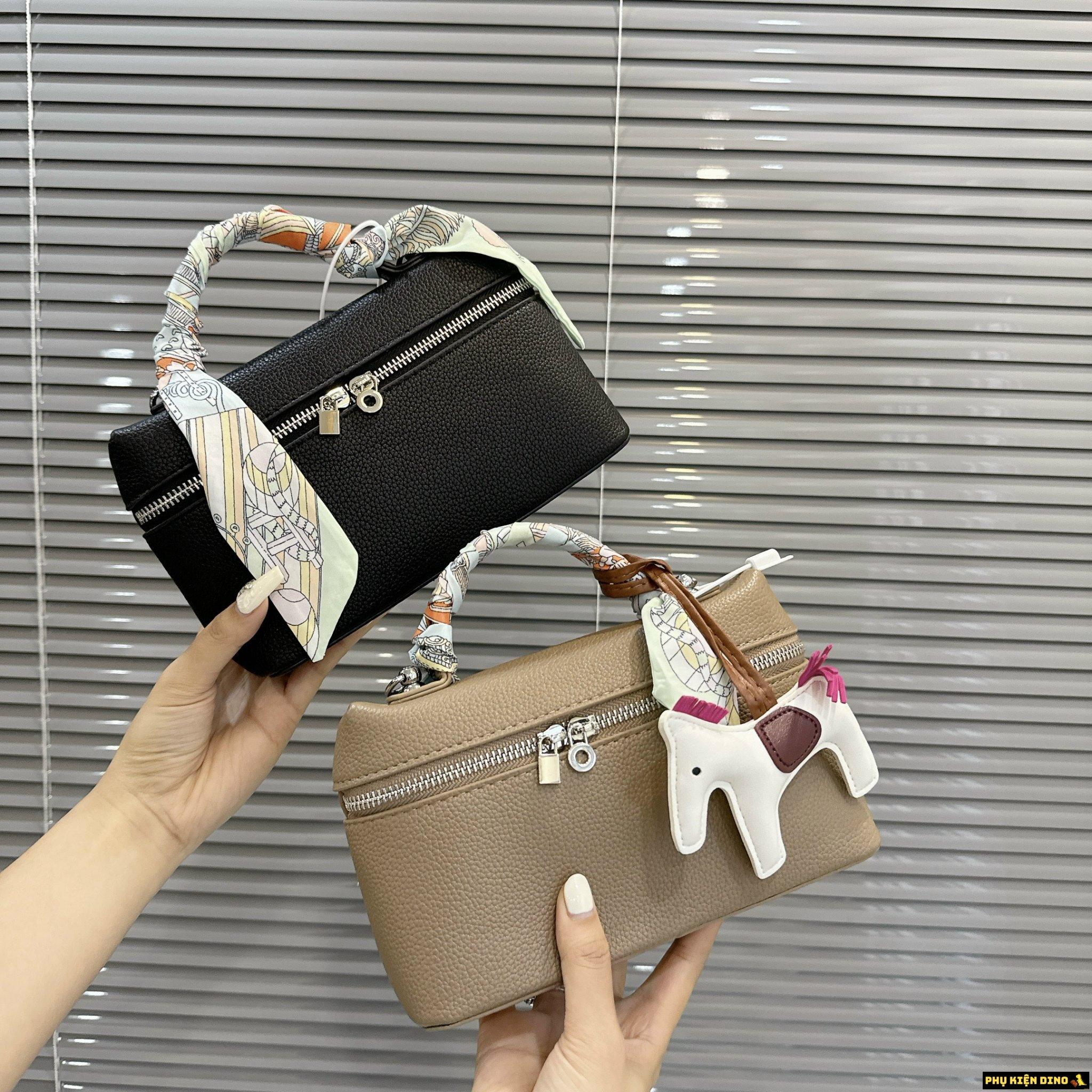 Túi Cốp Xách Tay Đeo Chéo Tặng Kèm Khăn Móc Khóa 9 Túi Dáng Hộp Size 20 Đen Nâu Nhạt
