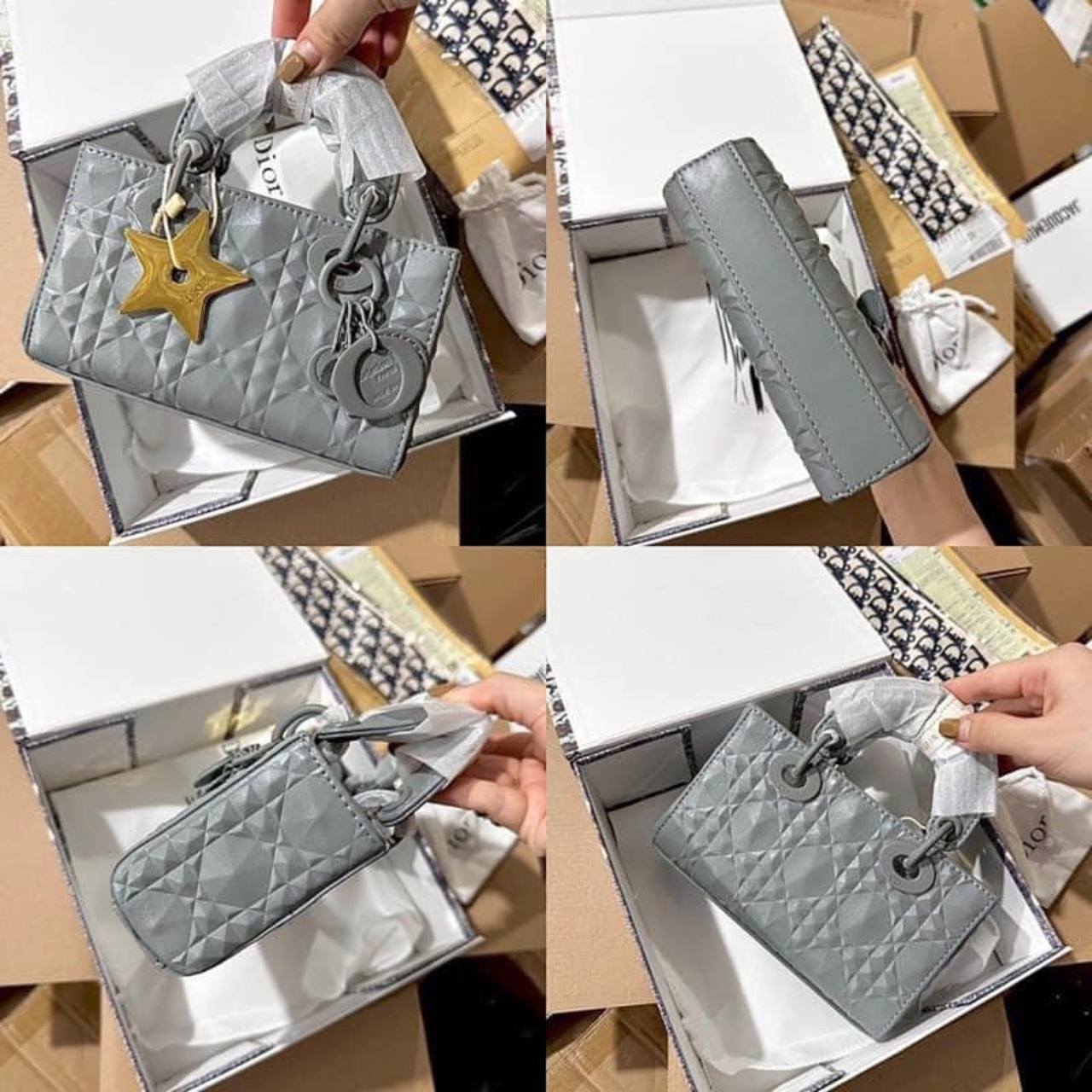 Túi Dior Medium Lady D-Joy Diamond Trắng Hồng Xám 2 Túi Dior Medium Lady D-Joy Diamond Gray Xám