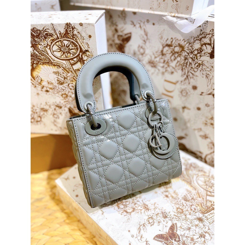 Túi Christian Dior Mini Lady Latte Cannage Lambskin 9 Túi Dior Mini Lady Bag Màu Xám Diamond Calfskin