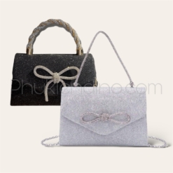 Túi Kim Tuyến Đính Nơ Đá Trắng Vàng Đen