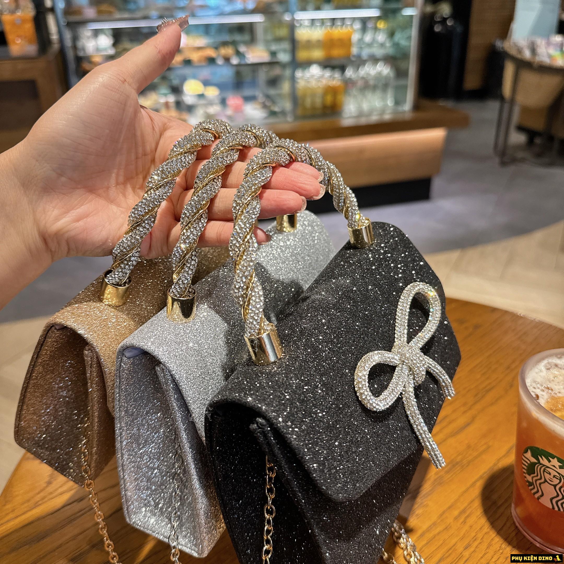 Túi Kim Tuyến Đính Nơ Đá Trắng Vàng Đen 3 Túi Kim Tuyến Nơ Đá Trắng Vàng Đen