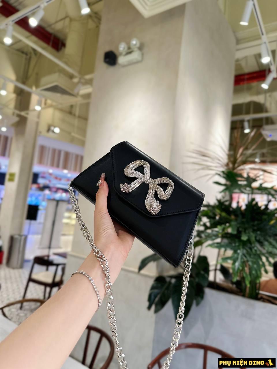 Túi Đeo Vai Nữ Self Portrait Bow Mini Nơ Đính Đá 3 Túi Nơ Đá Màu Đen