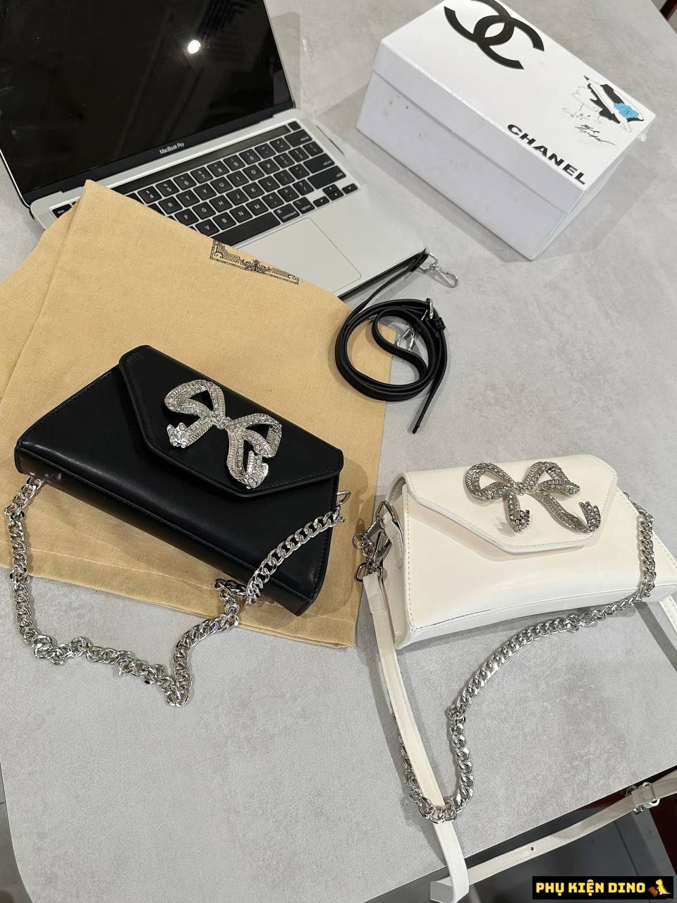 Túi Đeo Vai Nữ Self Portrait Bow Mini Nơ Đính Đá 10 Túi Xách Nơ Đính Đá Màu Trắng