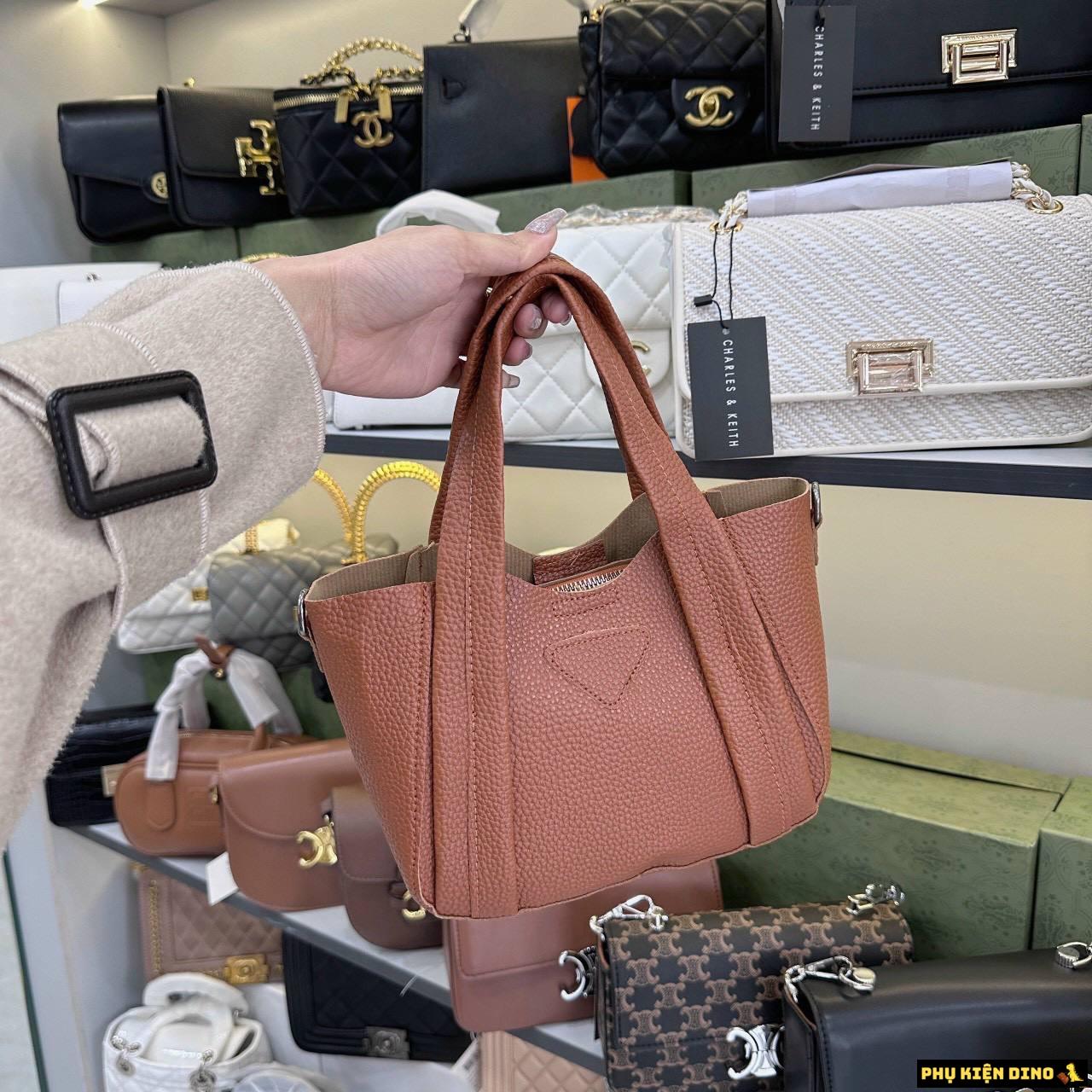 Set Túi Giỏ Xách Mềm Kèm Ví Size 22 Đen Nâu 2 Túi Xách Nữ Hàng Quảng Châu Màu Nâu