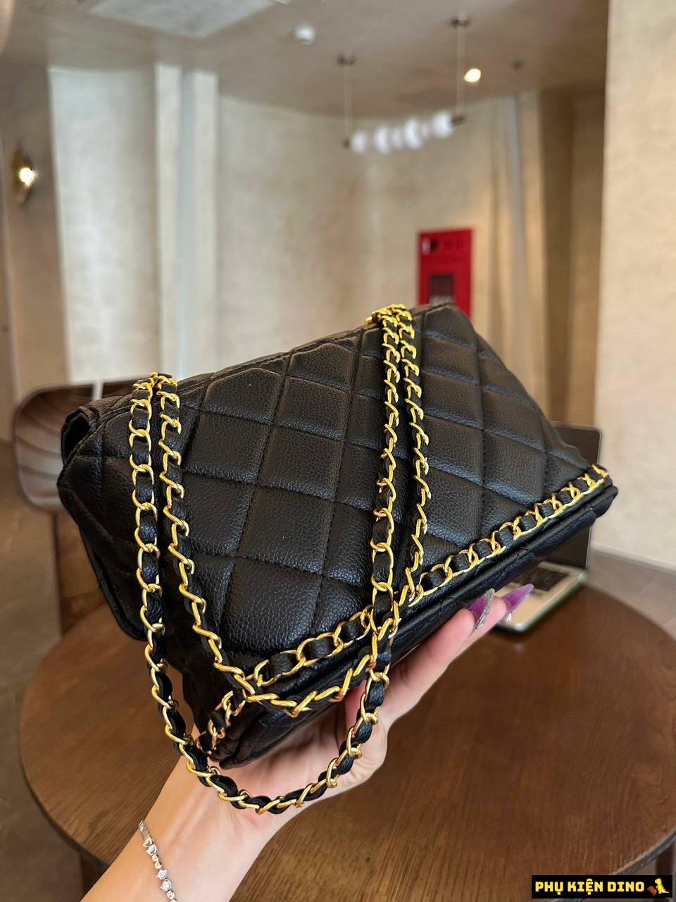 Túi Xách Tay Chanel Viền Xích Đáy Khóa Vàng Size 22 3 Túi Chanel Black Khóa Vàng Viền Xích Đáy