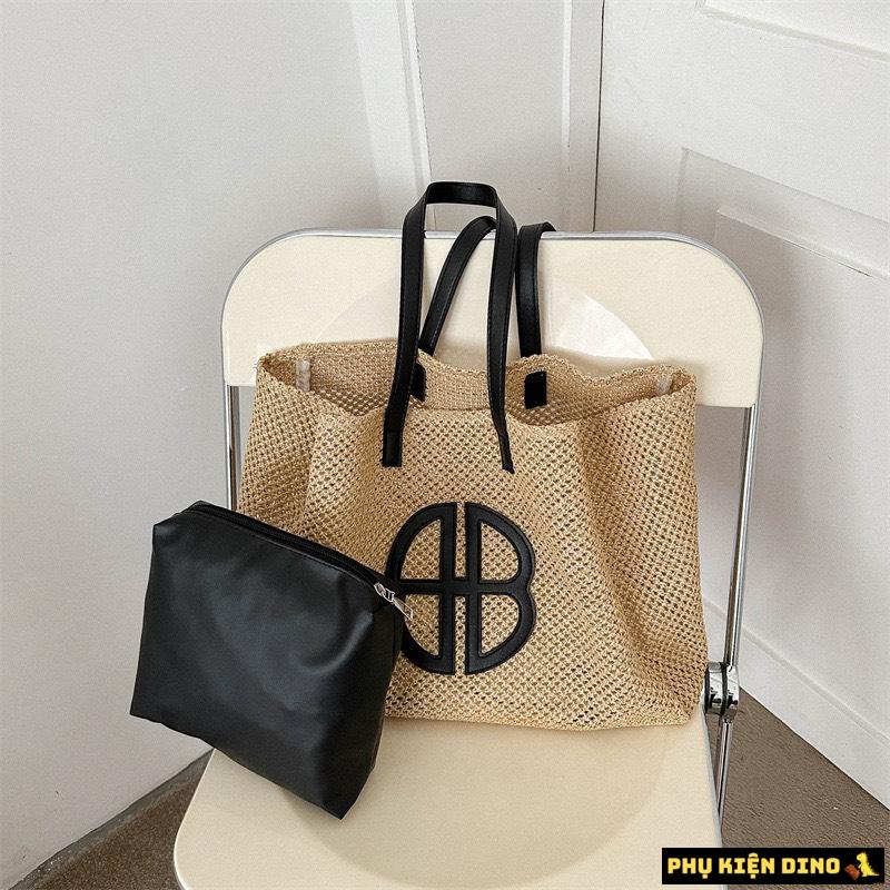 Túi Cói Size To Vintage Màu Nâu Đen Kèm Ví Nhỏ 9 Túi Cối To Màu Nâu Chữ Đen Kèm Ví