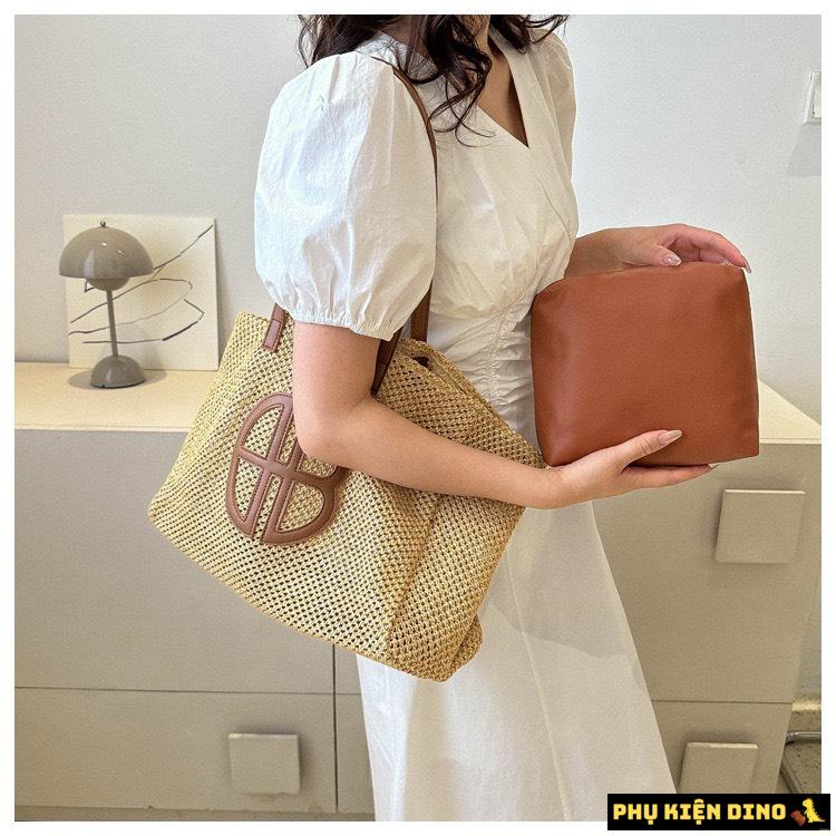 Túi Cói Size To Vintage Màu Nâu Đen Kèm Ví Nhỏ 6 Túi Cối To Màu Nâu Chữ Nâu Kèm Ví