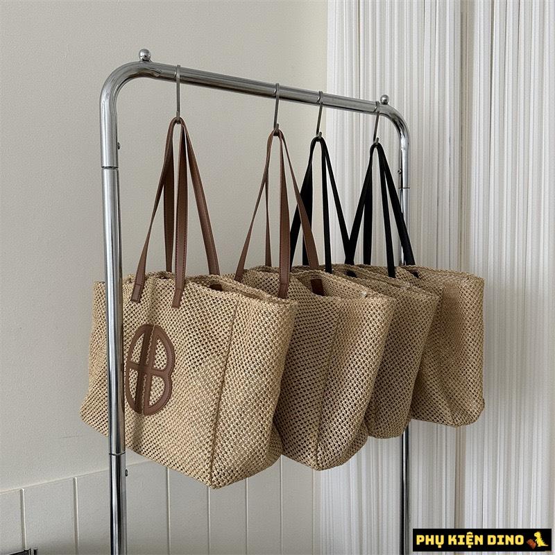 Túi Cói Size To Vintage Màu Nâu Đen Kèm Ví Nhỏ 3 Túi Cối To