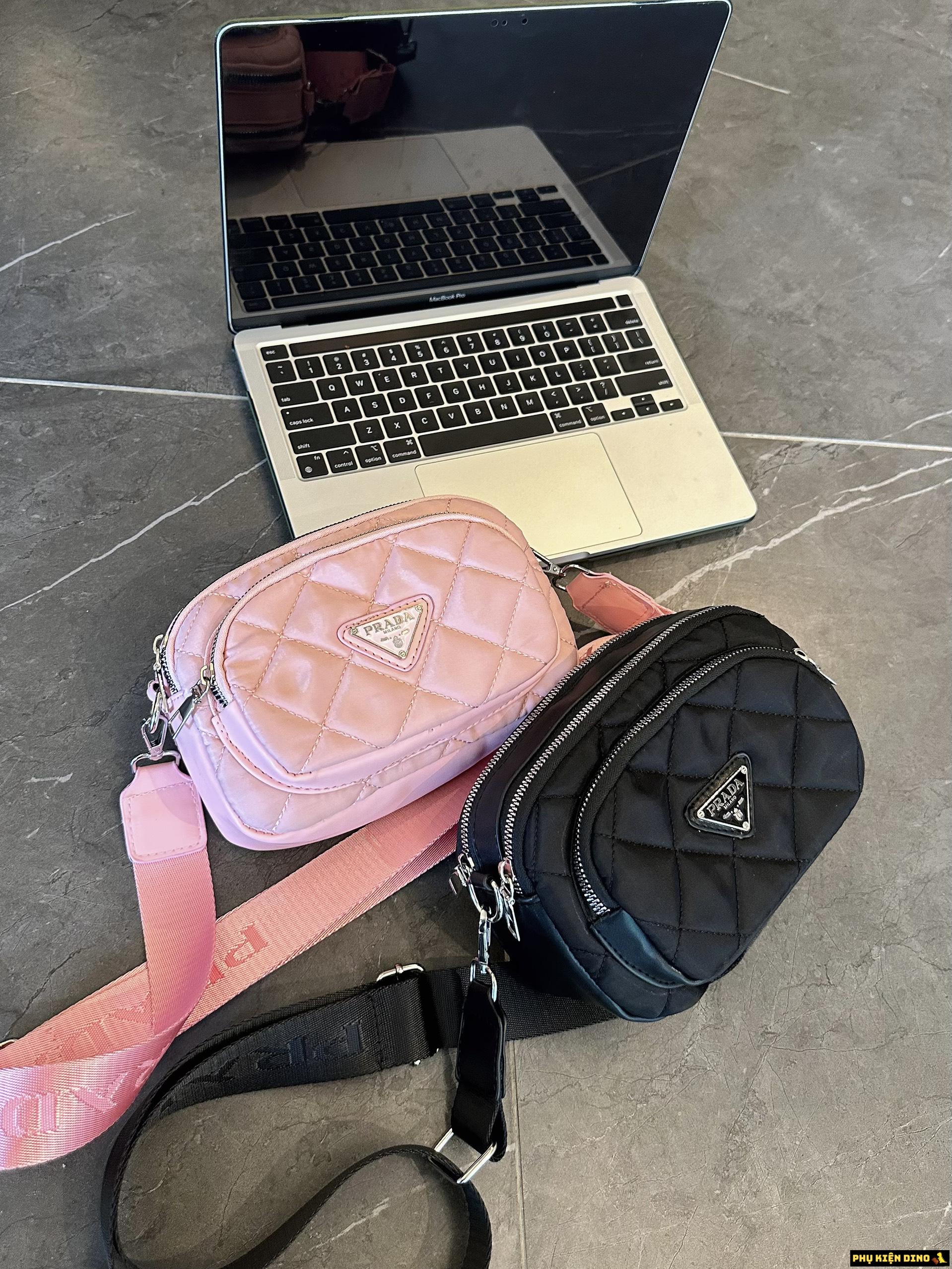 Túi Prada 3 Ngăn Ô Trám Dù Màu Hồng Đen 12 Túi Prada 3 Ngăn Black Pink