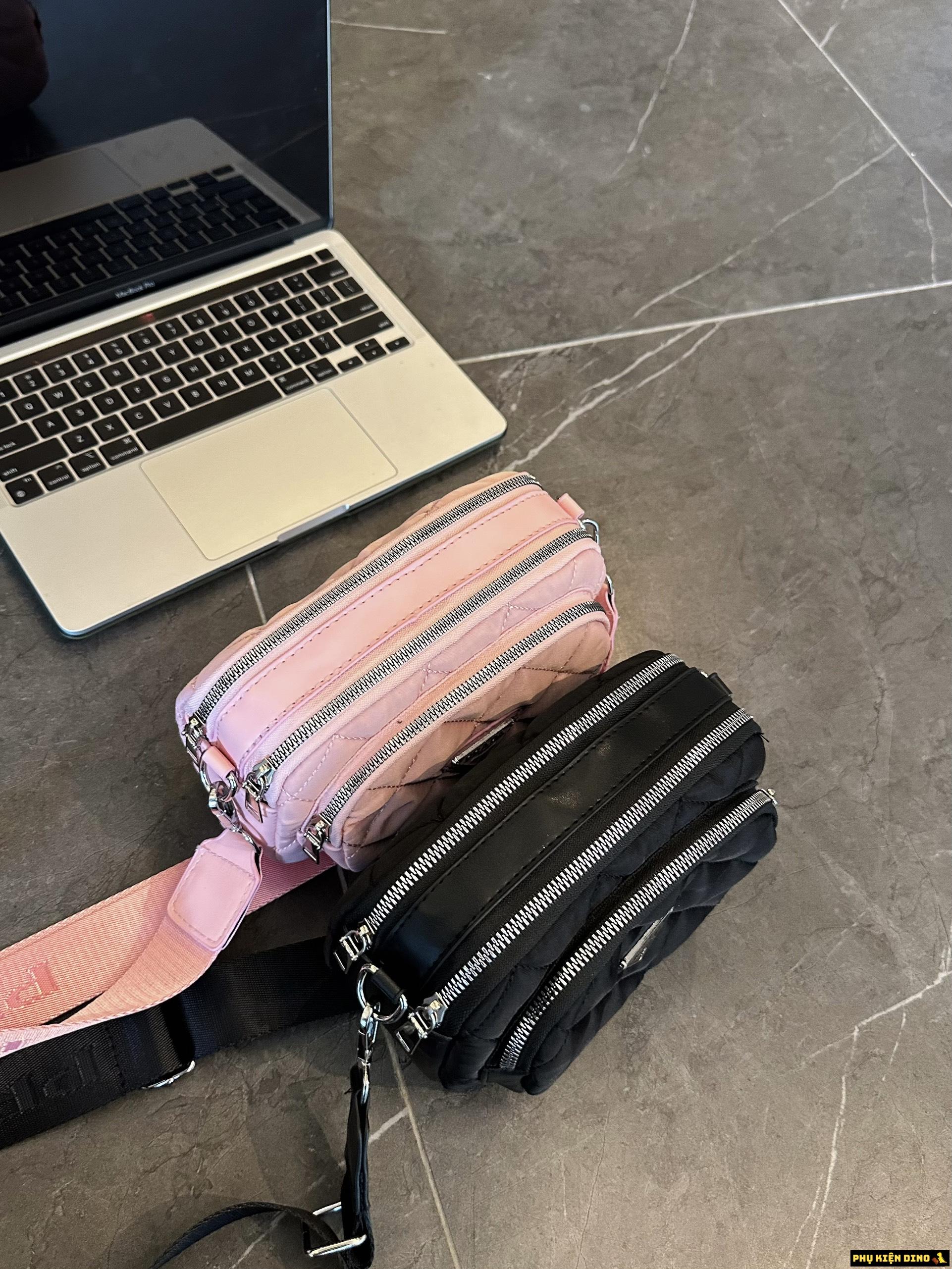 Túi Prada 3 Ngăn Ô Trám Dù Màu Hồng Đen 6 Túi Prada 3 Ngăn