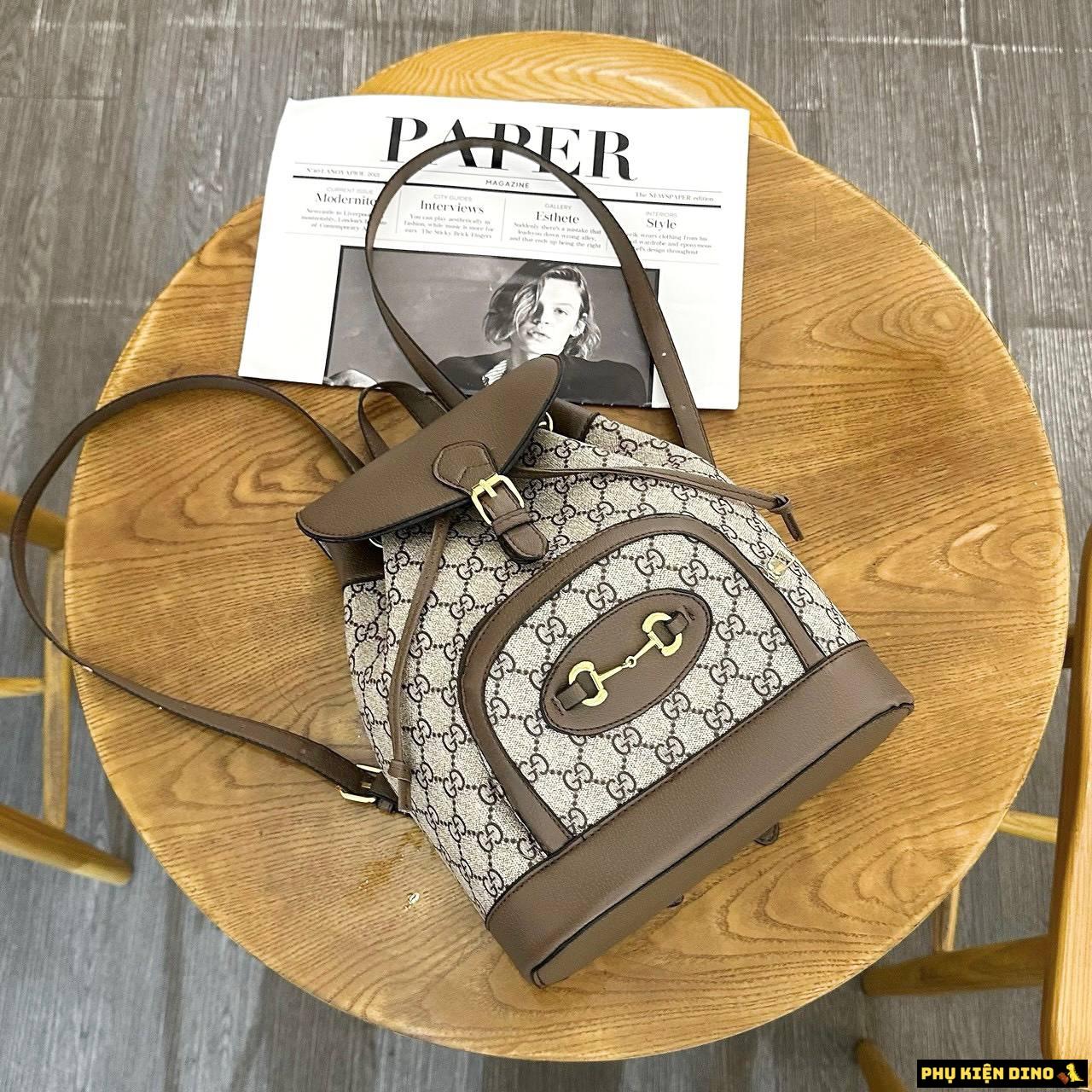 Balo Gucci Nâu Dây Rút Khóa Vàng Size 27 4 balo gucci brown day rut