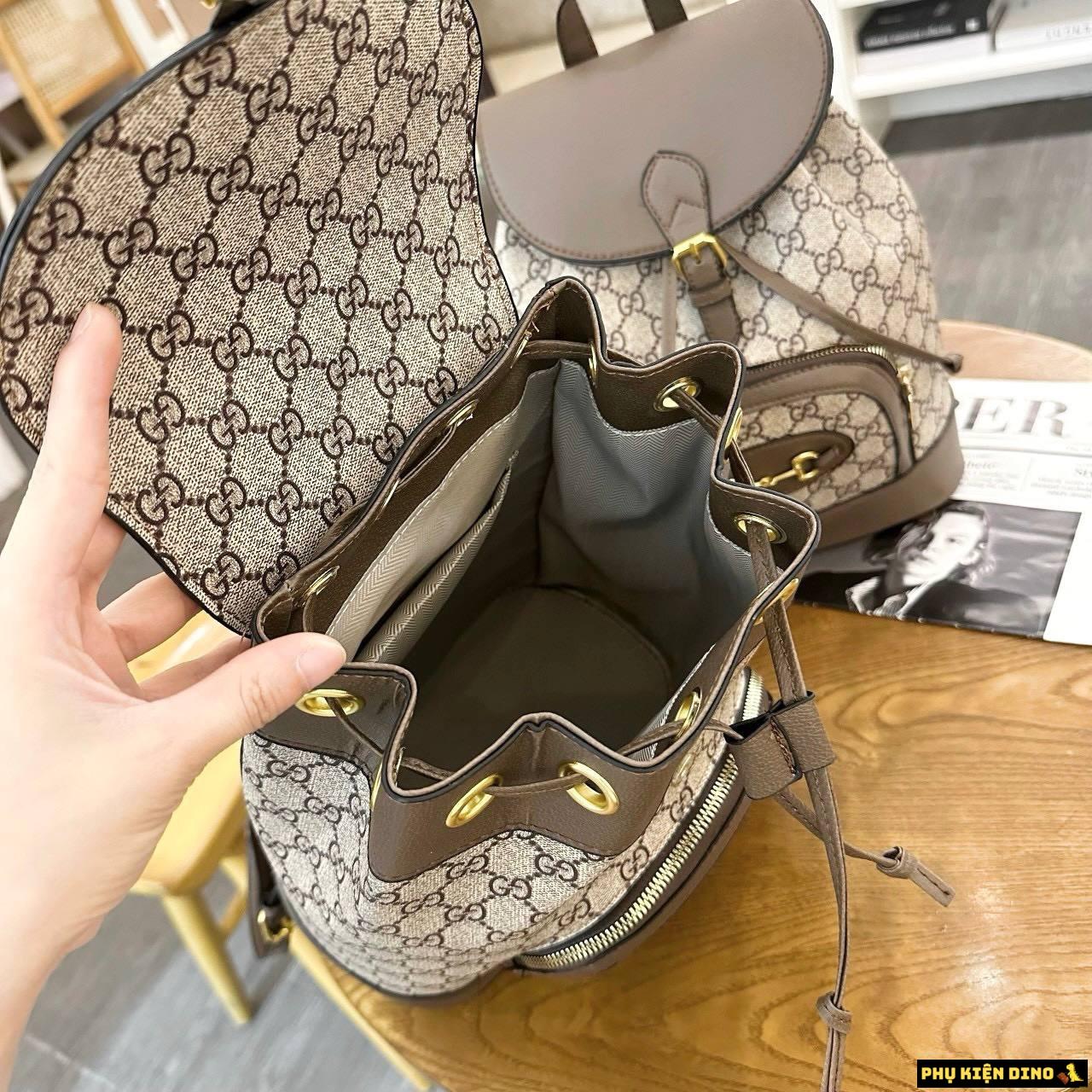 Balo Gucci Nâu Dây Rút Khóa Vàng Size 27 6 Bên Trong Balo Gucci Nâu Dây Rút