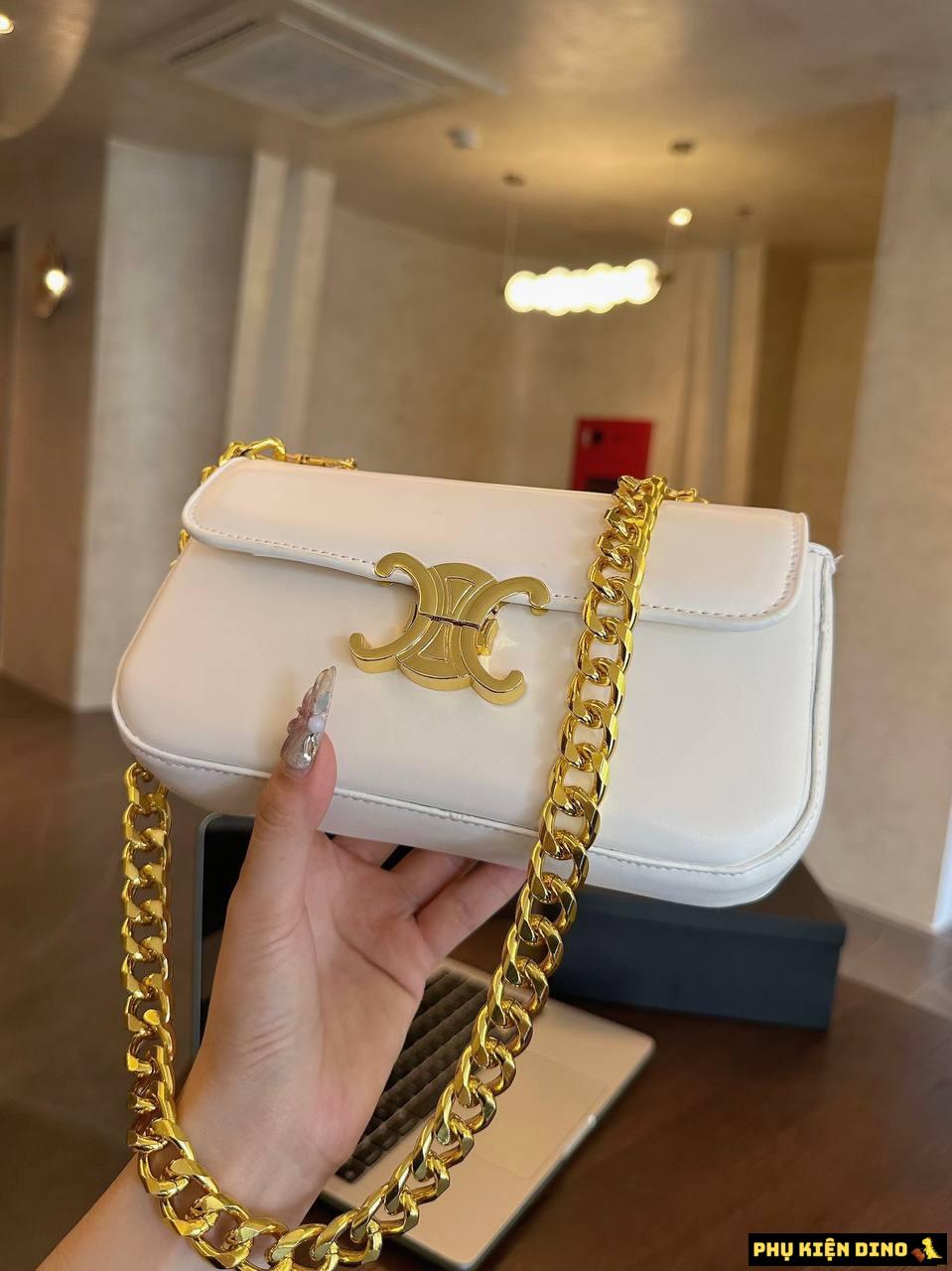 Túi Đeo Chéo Nữ Celine Dáng Dài 2 Màu Trắng Đen Khóa Vàng 4 Túi Celine Dáng Dài Màu Trắng Xích Vàng Size 22
