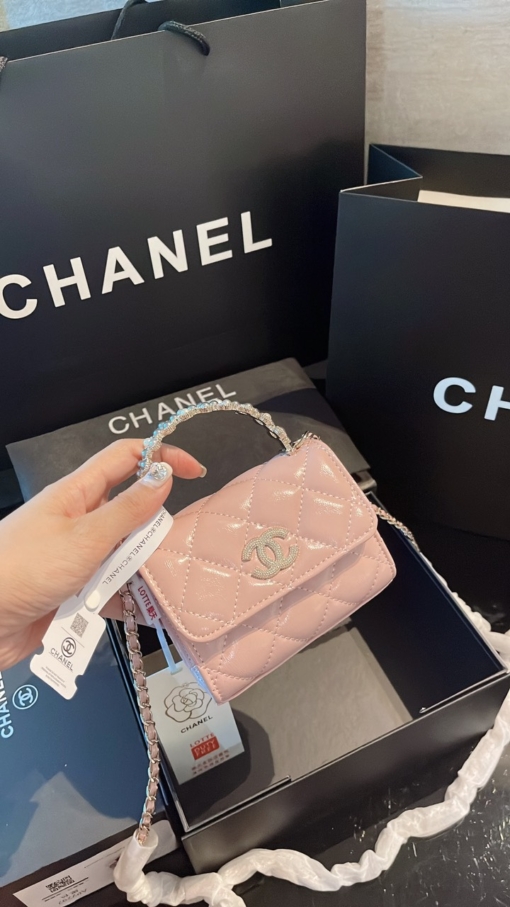 Túi Chanel Tay Cầm Dính Ngọc Mini Màu Hồng