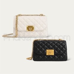 Túi Charles & Keith CNK Trần Trám Kẻ Vuông Size 24 Kem Đen