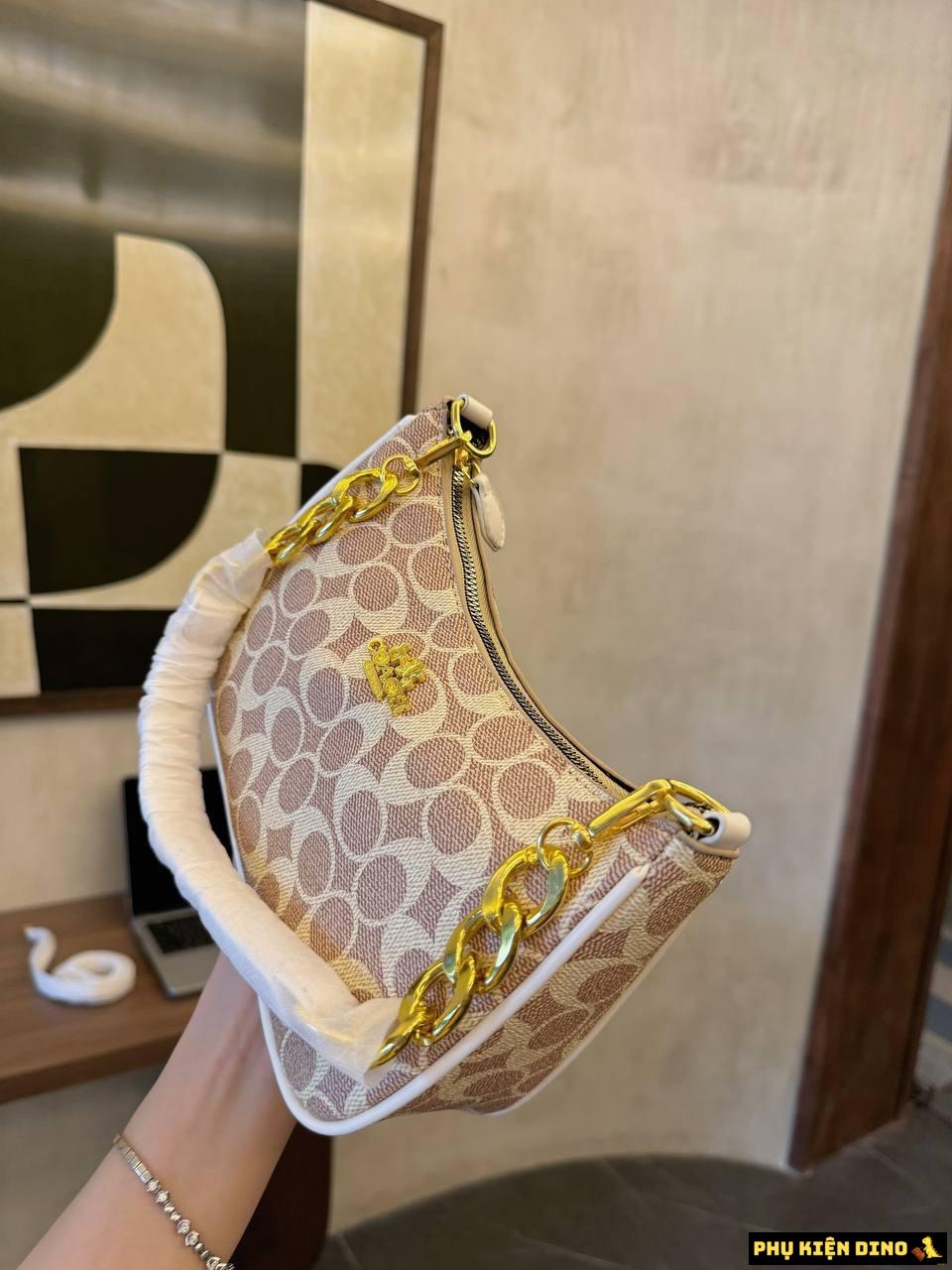 Túi Xách Coach Teri Signature Canvas Màu Nâu Màu Kem CC323 6 Túi Coach Màu Kem Viền Trắng