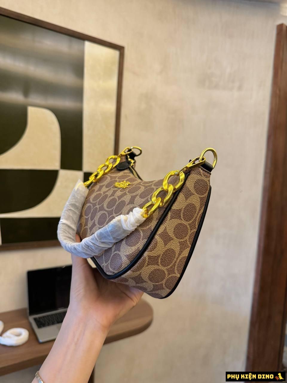 Túi Xách Coach Teri Signature Canvas Màu Nâu Màu Kem CC323 5 Túi Coach Màu Nâu Viền Đen