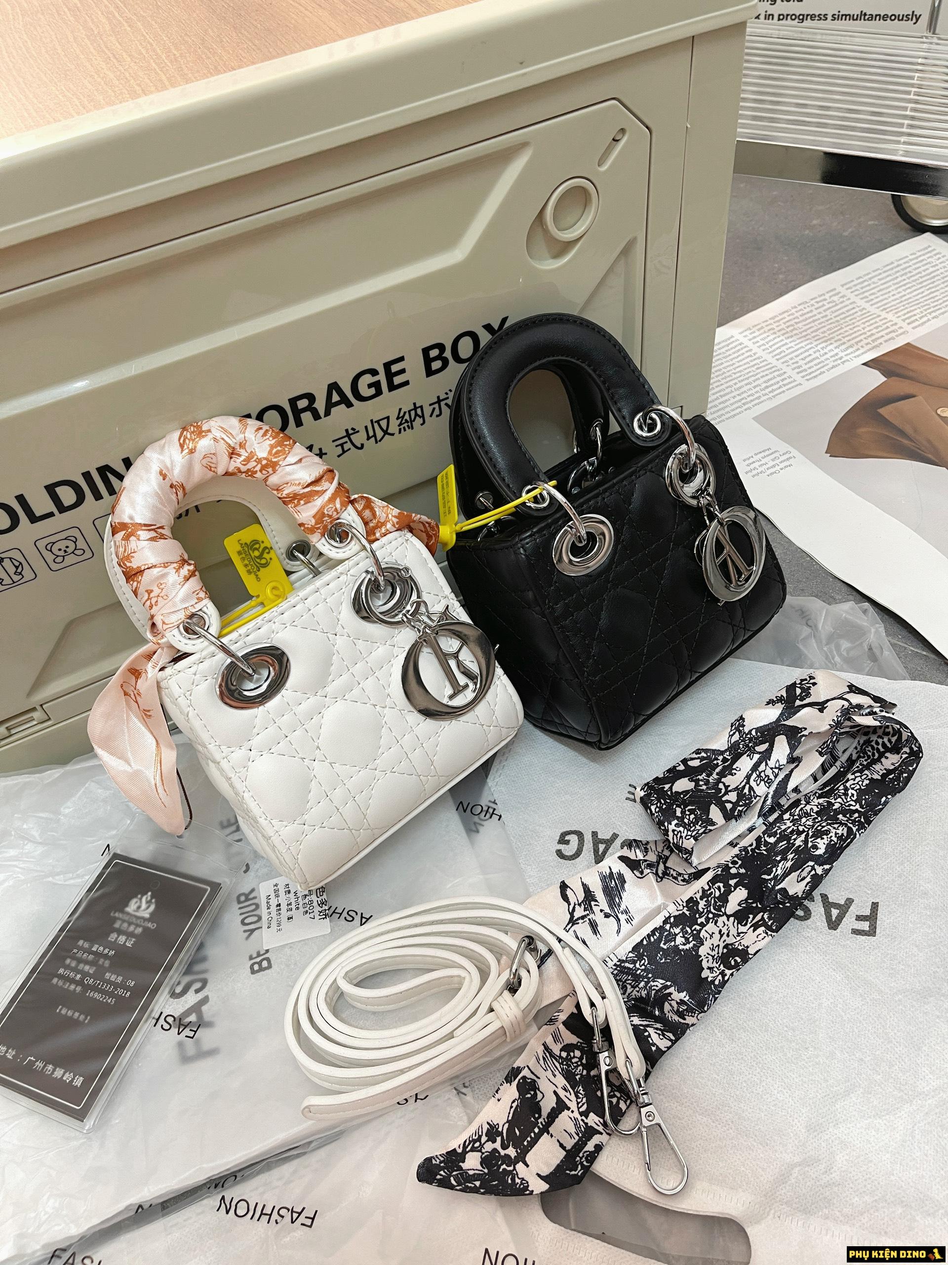 Túi Dior Mini Lady Kèm Khăn 4 Màu Trắng Đen Bạc Hồng Đất 7 Túi Dior Mini Kèm Khăn Trắng Đen