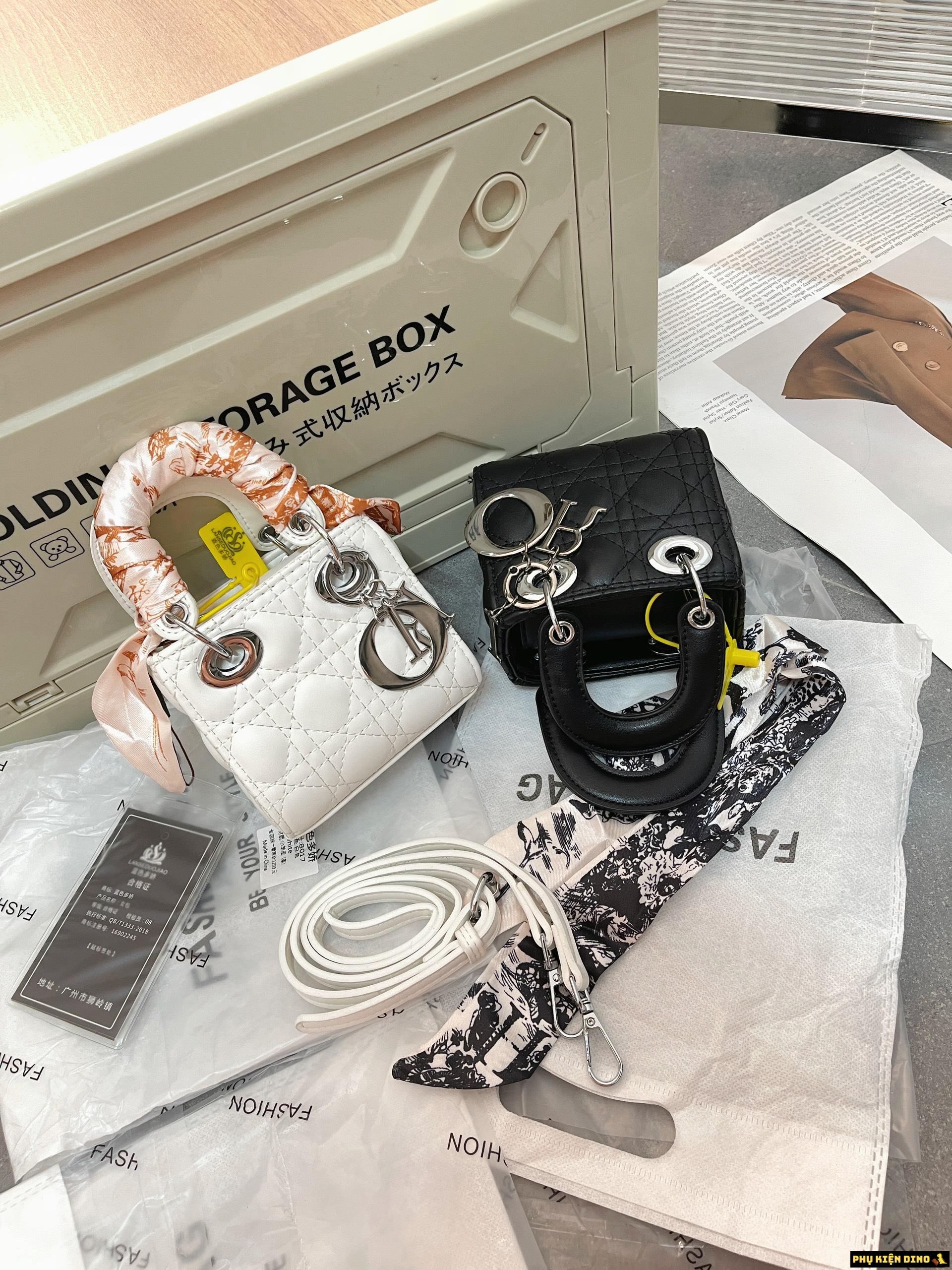 Túi Dior Mini Lady Kèm Khăn 4 Màu Trắng Đen Bạc Hồng Đất 5 Túi Dior Mini Lady Kèm Khăn 2 Màu Trắng Đen