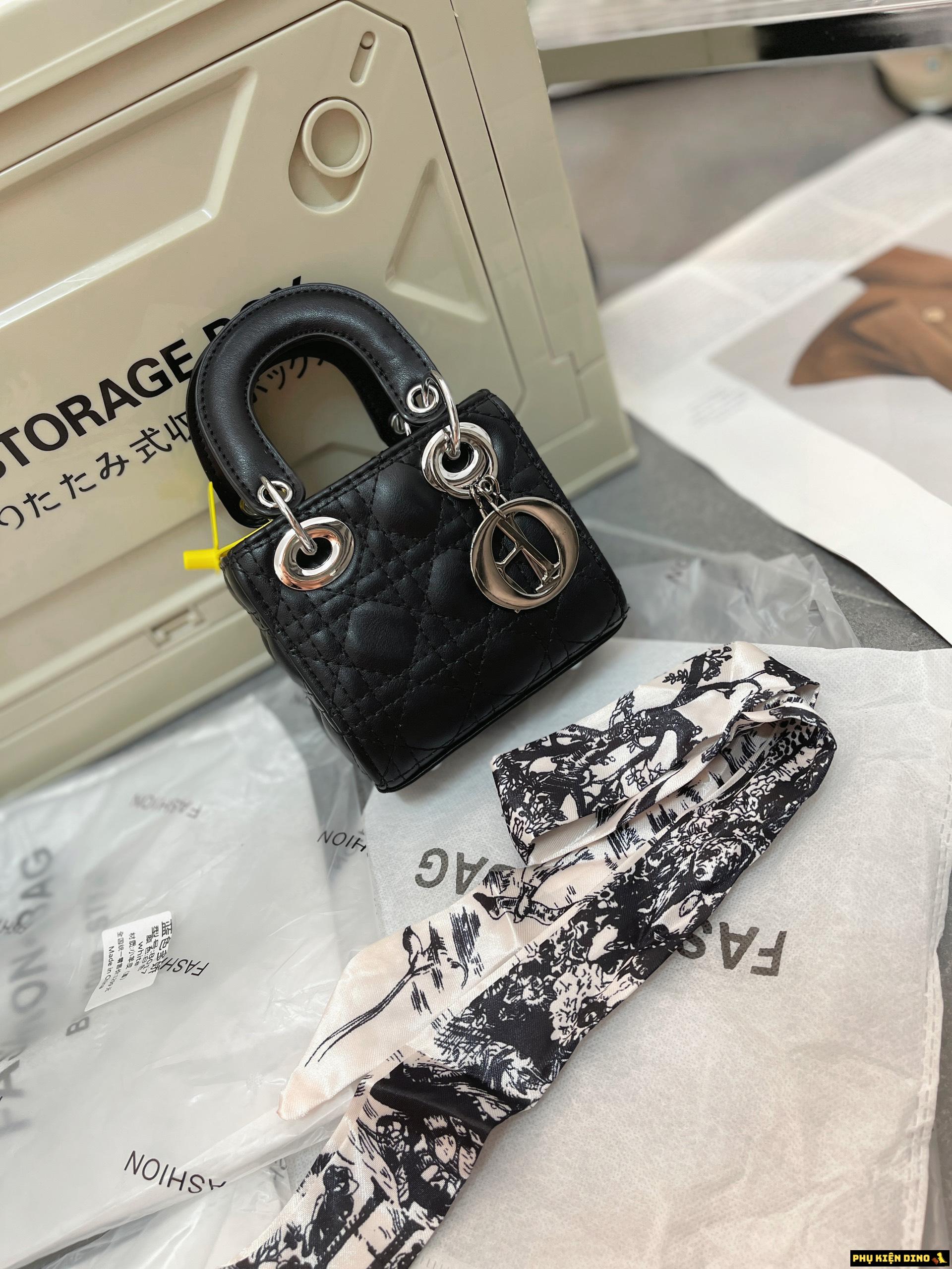 Túi Dior Mini Lady Kèm Khăn 4 Màu Trắng Đen Bạc Hồng Đất 4 Túi Dior Mini Lady Kèm Khăn Màu Đen Fullbox