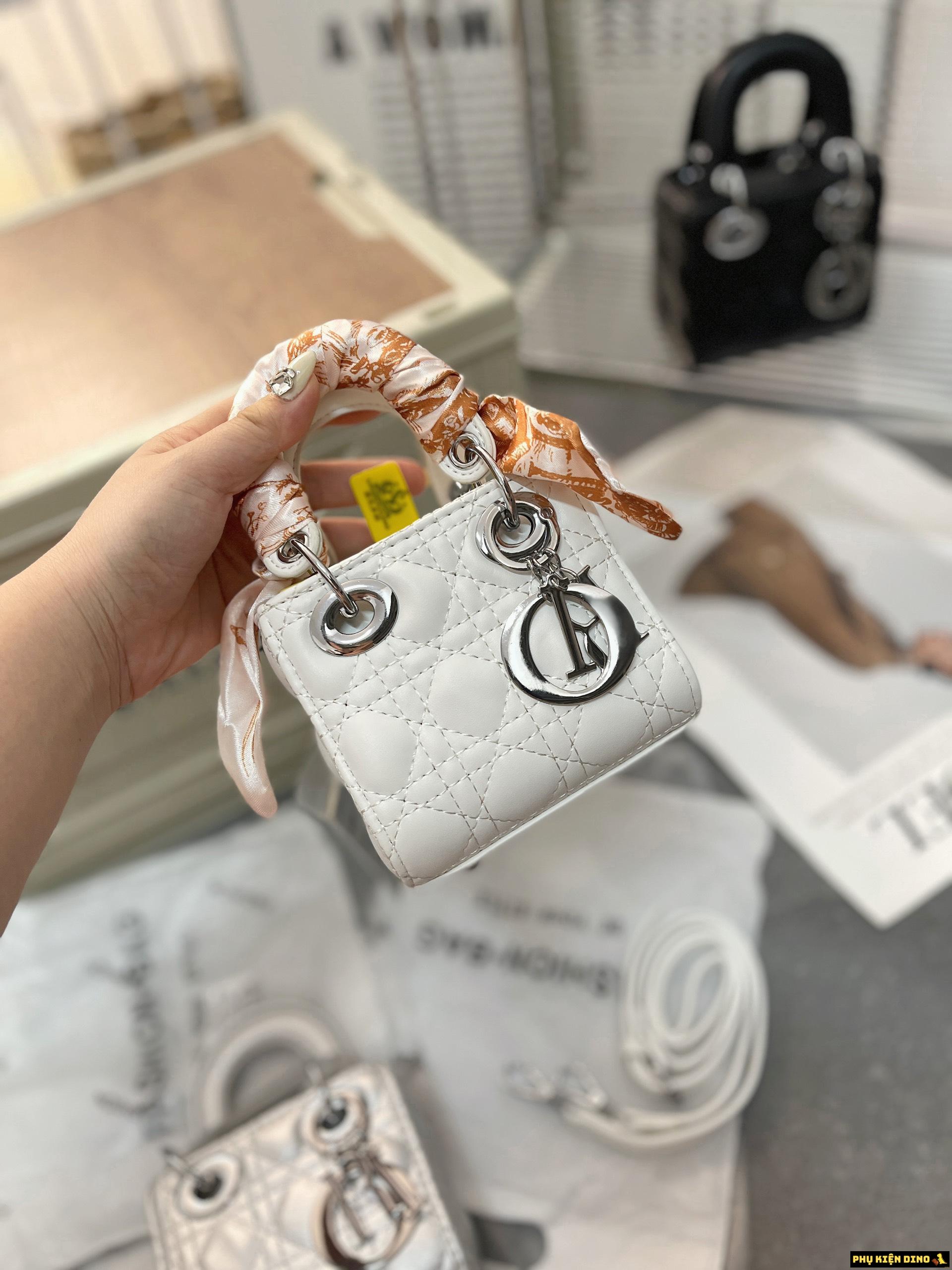 Túi Dior Mini Lady Kèm Khăn 4 Màu Trắng Đen Bạc Hồng Đất 3 Túi Dior Mini Lady Kèm Khăn màu Trắng