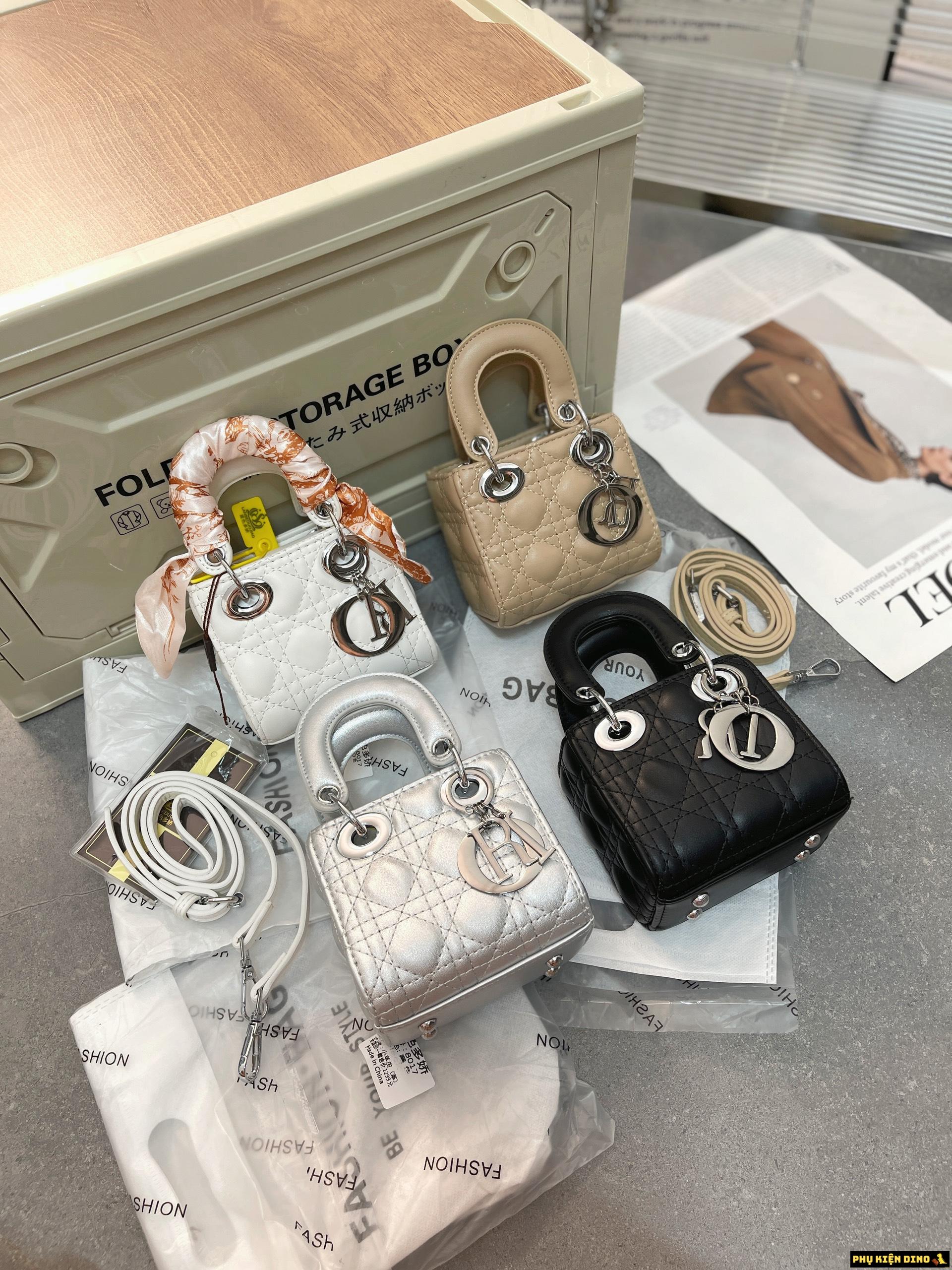 Túi Dior Mini Lady Kèm Khăn 4 Màu Trắng Đen Bạc Hồng Đất 1 Túi Dior Mini Lady Kèm Khăn