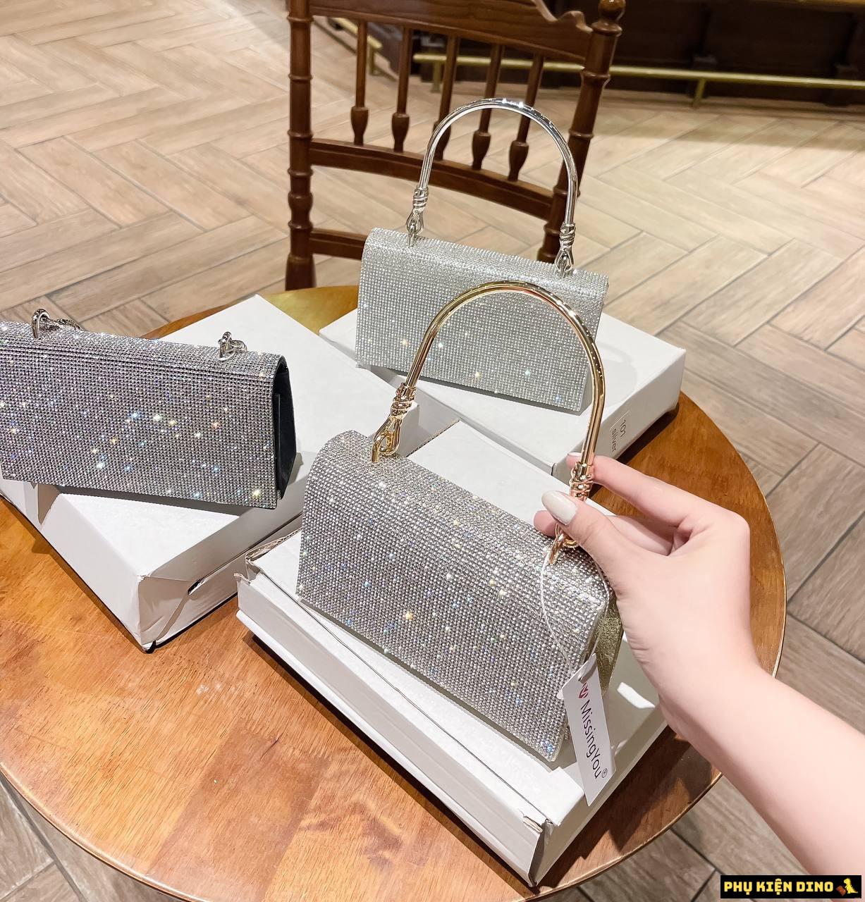 Túi Đính Đá Bling Bling Màu Xám Bạc Fullbox 2 Túi Kim Tuyết Màu Bạc Bling Bling