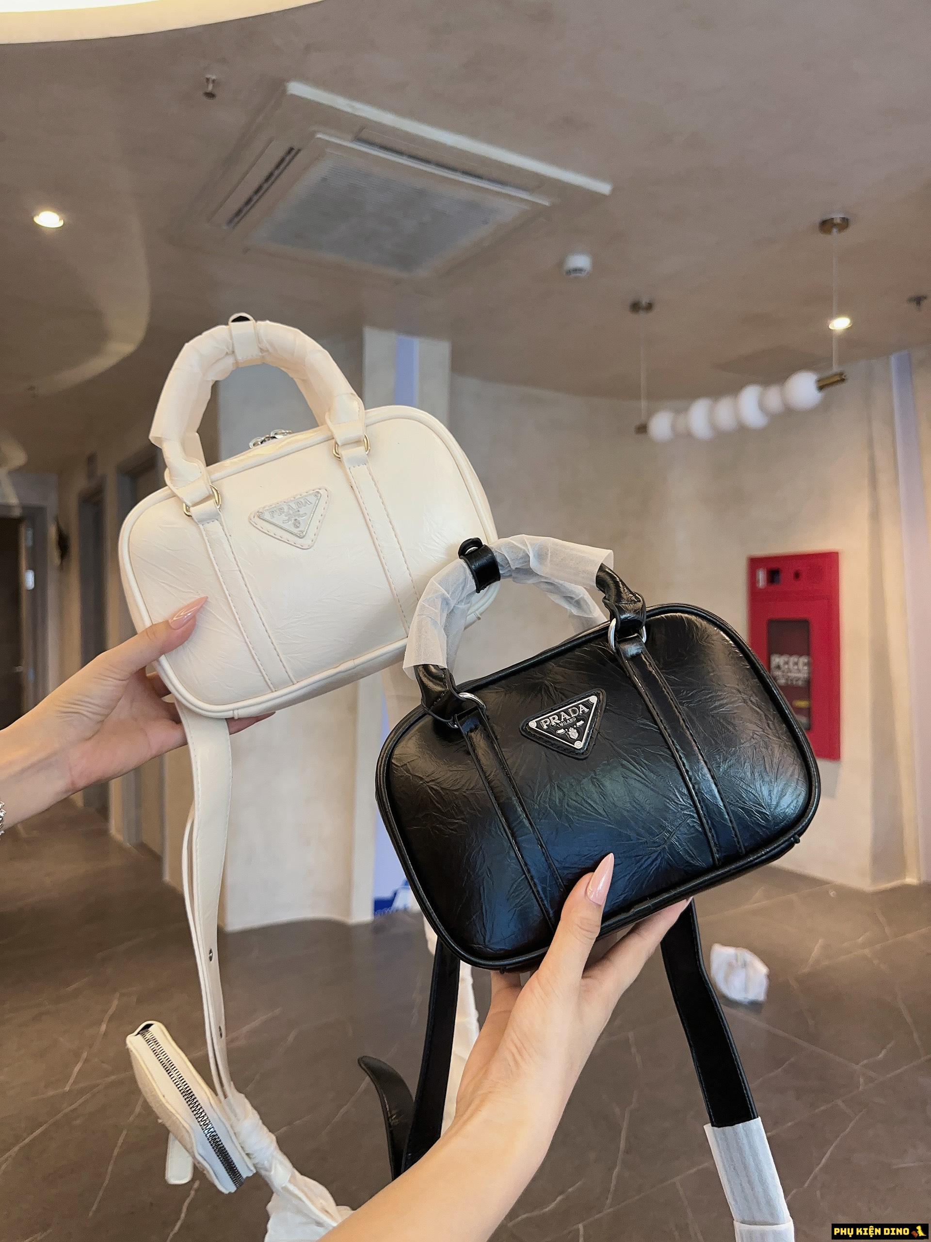 Túi Nữ Prada Small Antique Bag Black Cream White 1BB098 6 Túi Prada Da Nhăn Màu Đen Trắng Kem