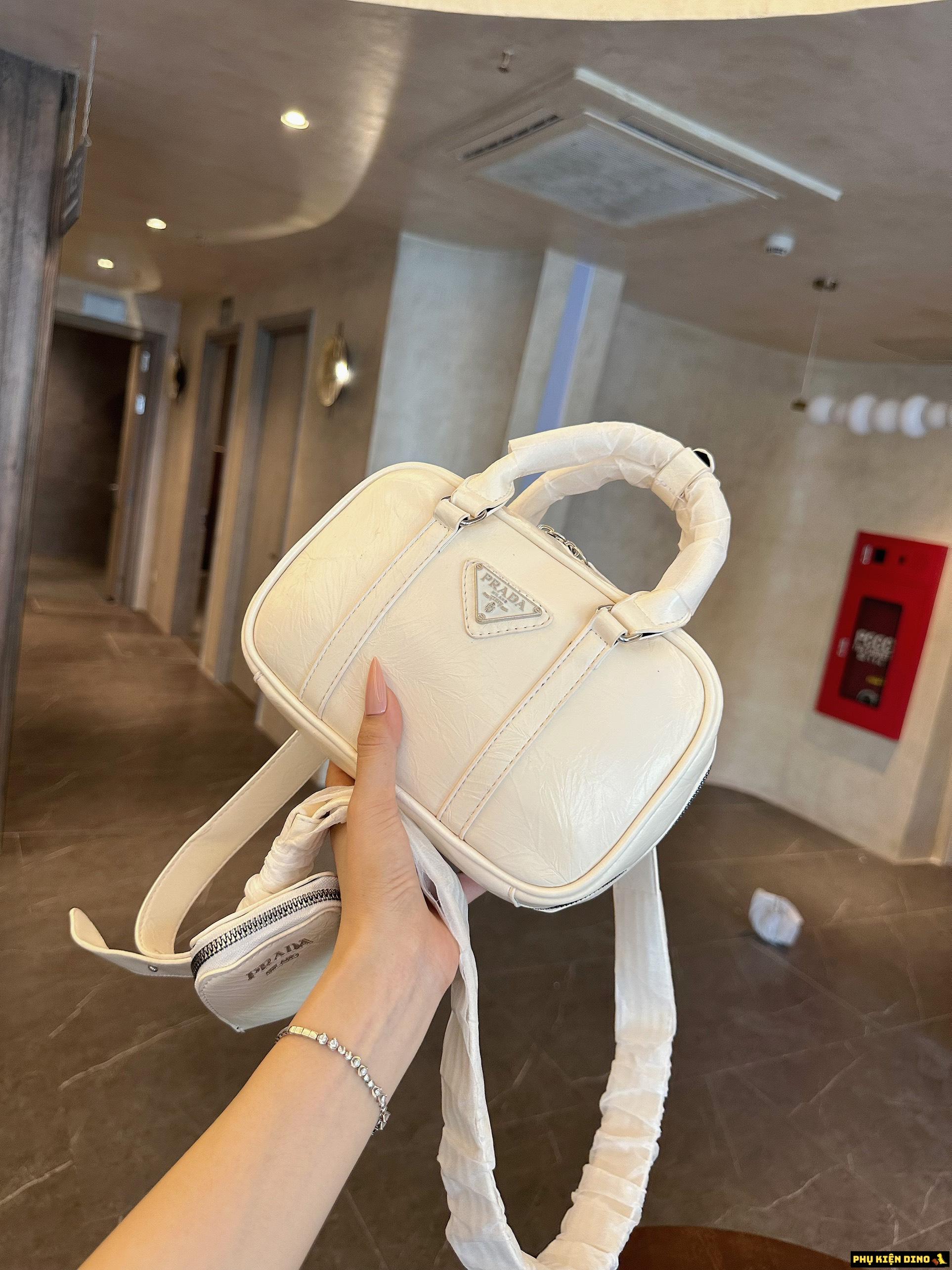 Túi Nữ Prada Small Antique Bag Black Cream White 1BB098 4 Túi Prada Da Xịn Màu Trắng Kem Size 22