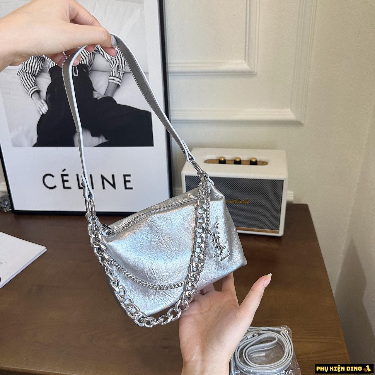 Túi Xách Nữ YSL Phối Dây Xích 3 Màu Trắng Bạc Đen 4 Túi Saint Laurent YSL Silver