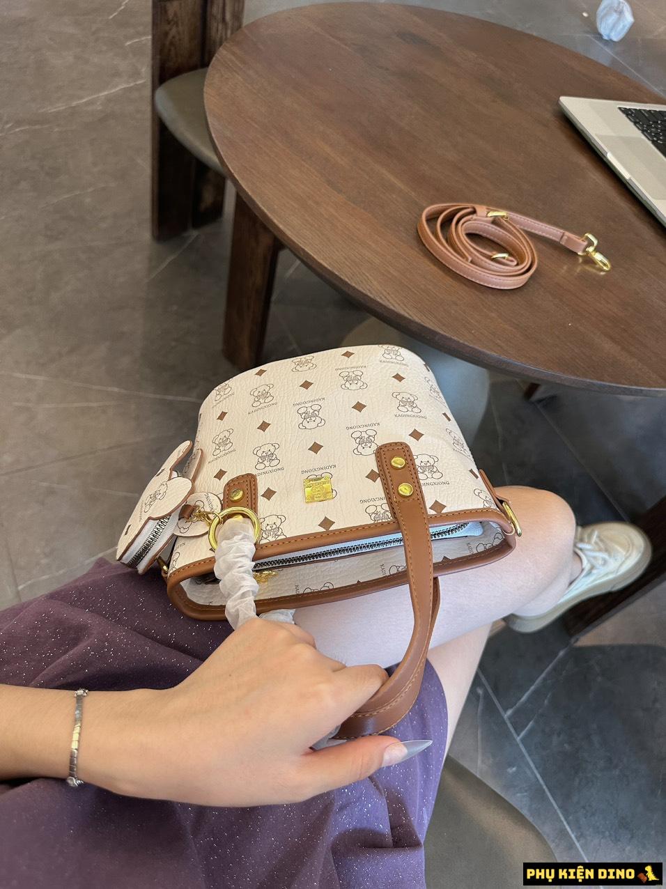 Túi Xách Gấu Nâu Trắng Kèm Túi Gấu Nhỏ Có Khóa Kéo 5 Túi Xách Gấu Nâu Trắng Quai Nâu