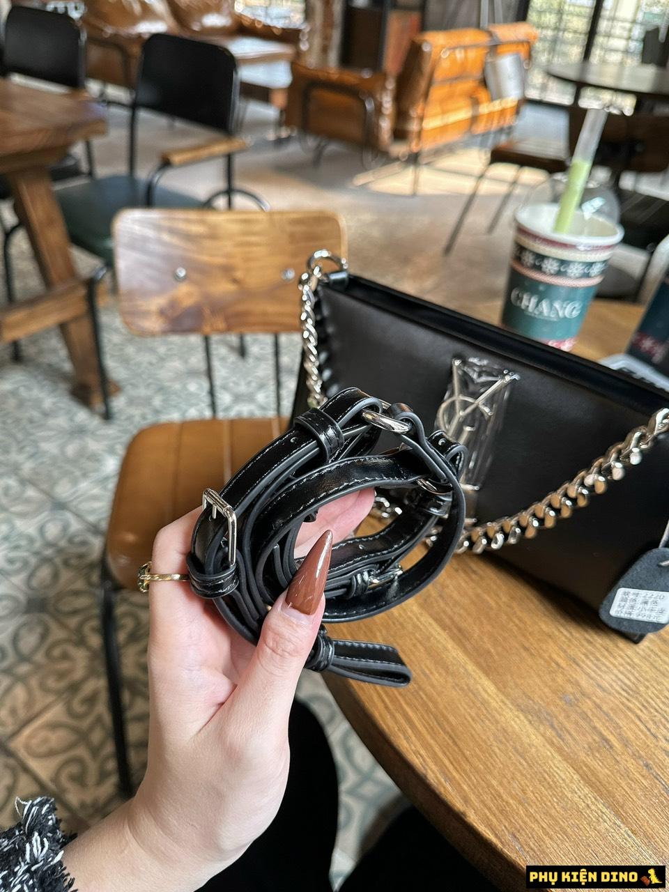 Túi Xách Nữ YSL Da Trơn Dáng Dài Phối Xích 2 Màu Đen Trắng 7 Túi Xách Nữ YSL Da Trơn Màu Đen Đen Khóa Bạc Xích Bạc