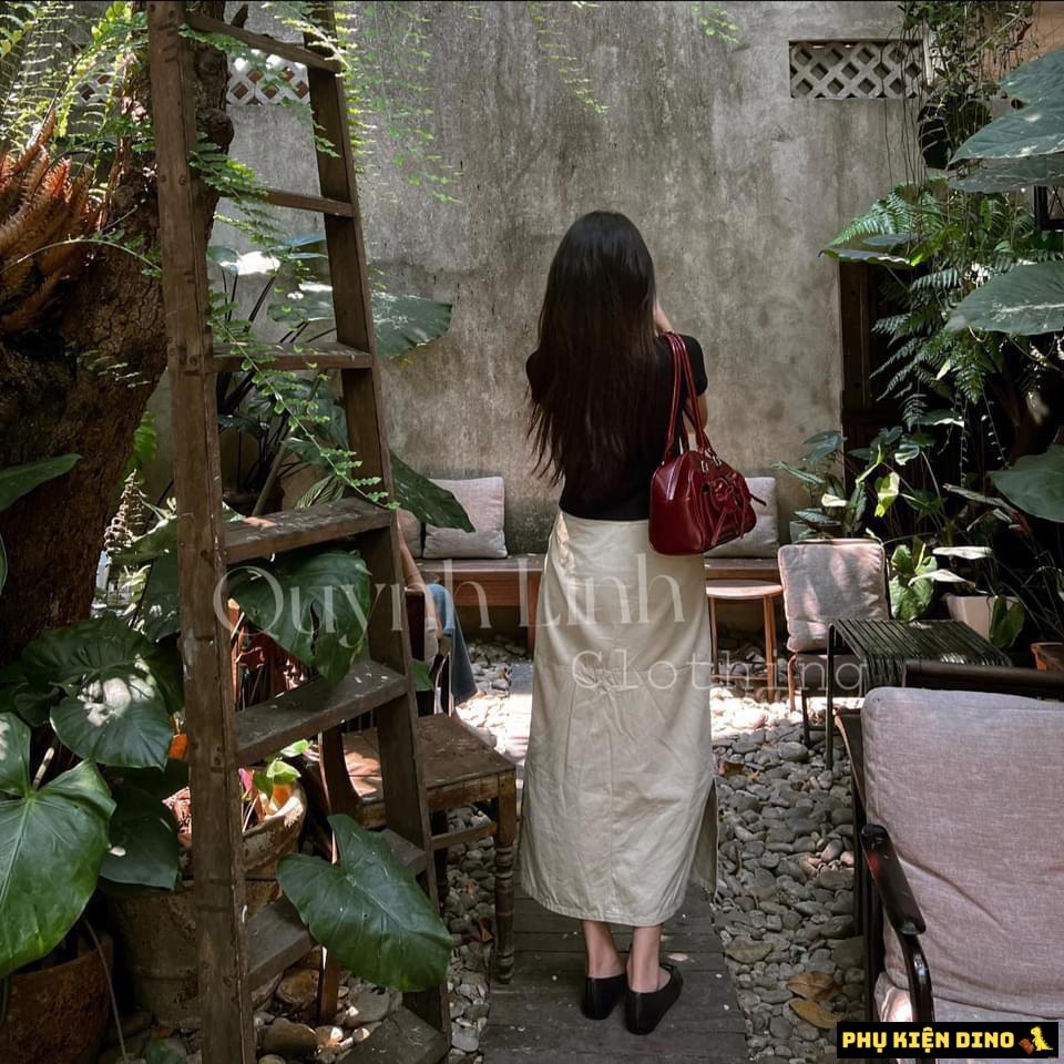 Túi Quảng Châu Cao Cấp 2 Túi Cột Nơ Màu Đỏ 3 Túi Xách Tay Da PU Màu Đỏ Đô 2 Nơ