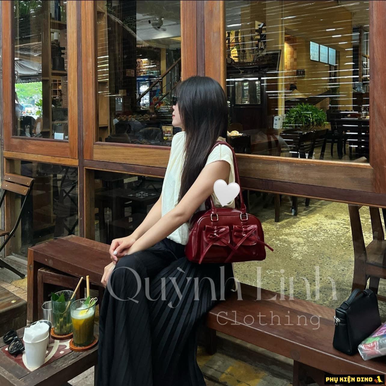 Túi Quảng Châu Cao Cấp 2 Túi Cột Nơ Màu Đỏ 2 Túi Xách Tay Đỏ Đô