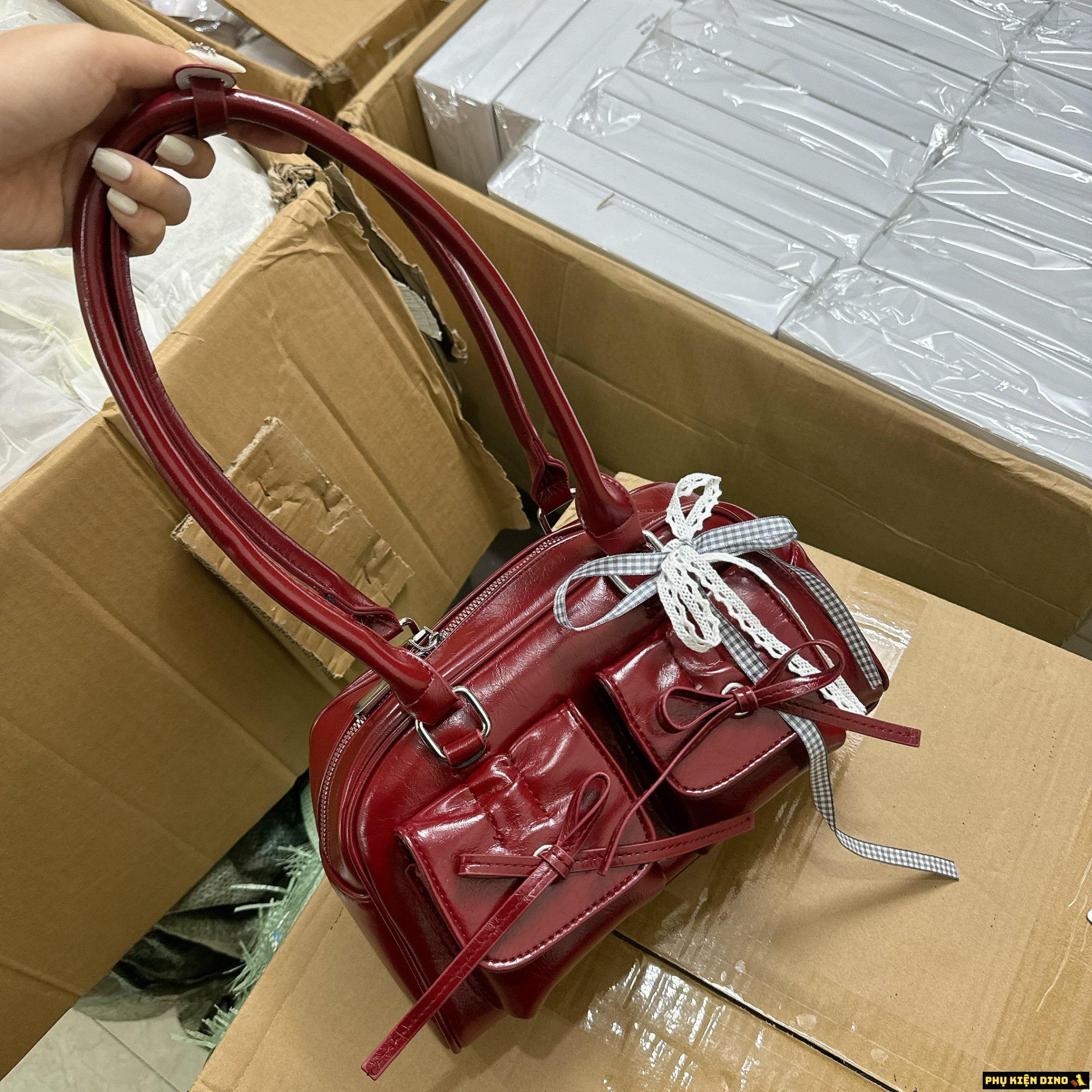 Túi Quảng Châu Cao Cấp 2 Túi Cột Nơ Màu Đỏ 6 Túi Xách Tay Màu Đỏ Đô
